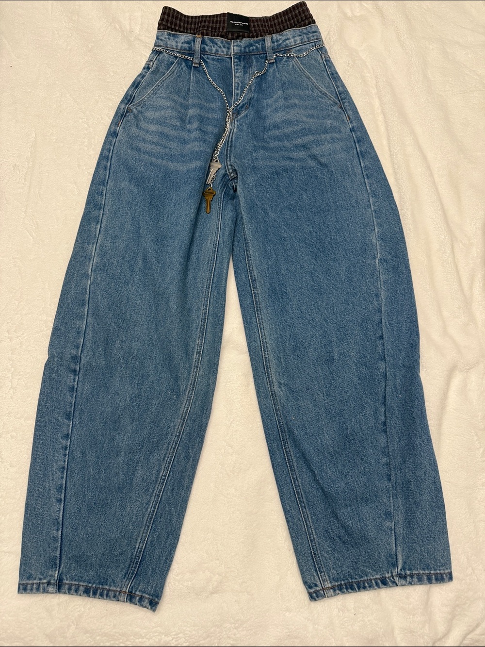 Alexander Wang Blue Denim Jeans with Plaid Elastic Waistband